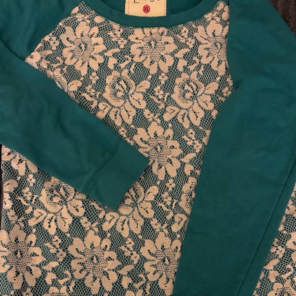 Energie Teal Long Sleeve Tee with White Lace Overlay